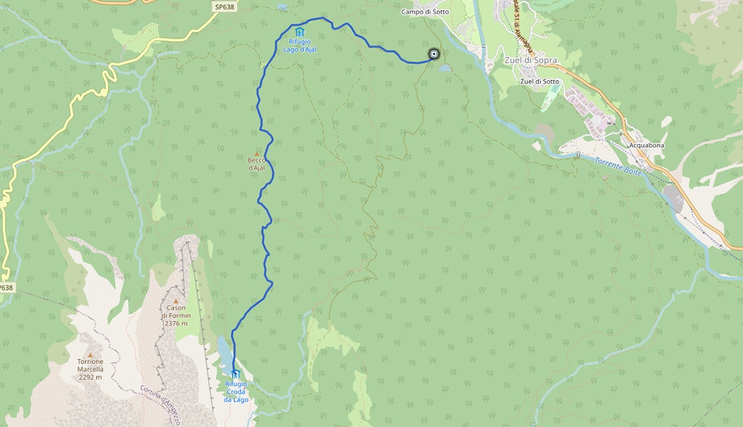 Mappa dal Lago d'Ajal al rifugio Croda da Lago